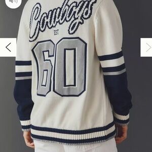 Cream and Navy Varsity '60' Knit Cardigan Sweater